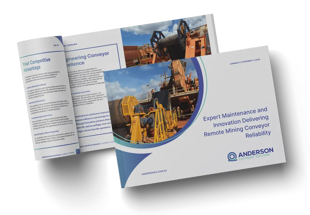 A brochure for Anderson Conveyor Services featuring images of mining conveyor equipment and workers, with text about expert maintenance and innovation in remote mining conveyor reliability.